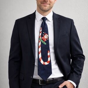 American‎ Greetings Santa Snowboarding Silk Tie Navy Christmas Novelty Necktie